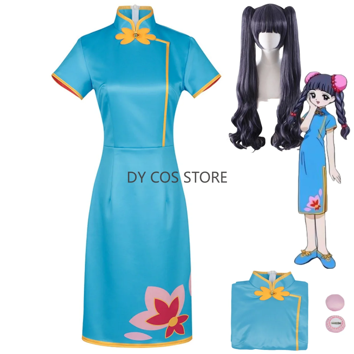 

Аниме Cardcaptor Sakura Daidouji Tomoyo Косплей Костюм Китайский Стиль Синее Платье Cheongsam Qipao Парик Женский Милый Костюм Для Вечеринки