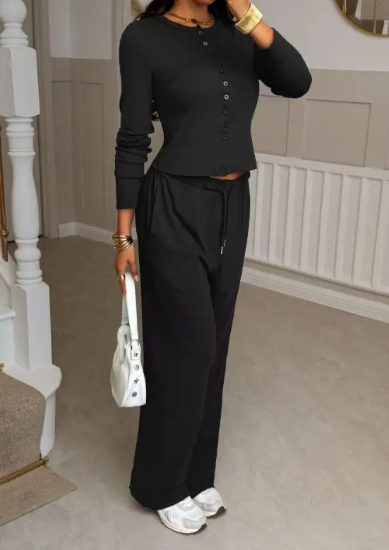 

2025 autumn and winter new vacation style shirt straight leg pants two-piece set women's clothing