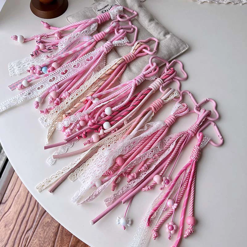 Chaveiro de renda rosa e branco, corda trançada, pingente, chaveiro, moda simples, bolsa combinando, decoração, acessórios de joias