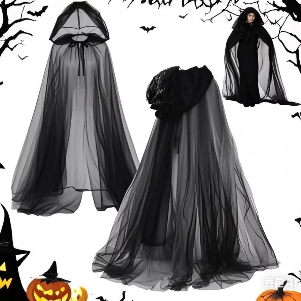 

Halloween Cloak Unisex Hooded Cloak Cosplay Costume Mage Robe Halloween Party Gauze Cloak Long Cape for Wicca Carnival Party
