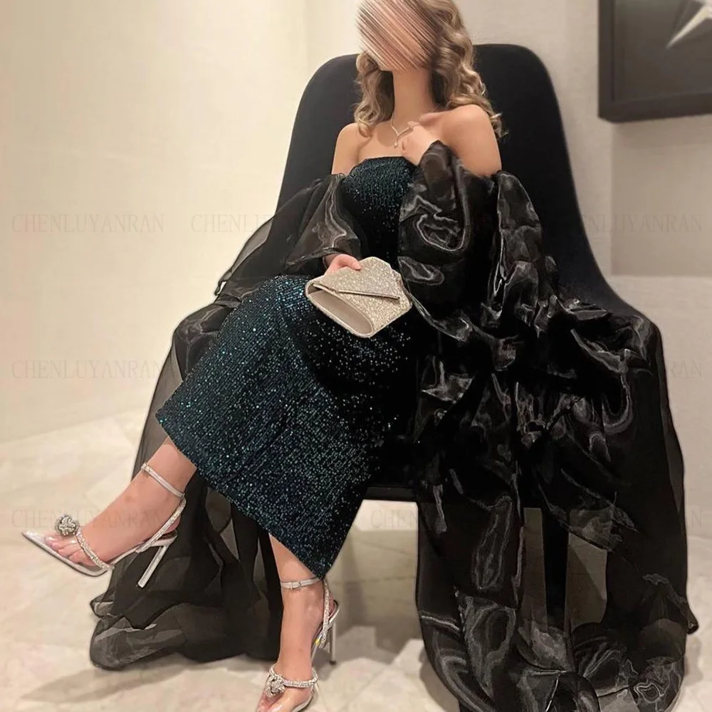 Exquisite Strapless Formal Occasion Dresses 2023 Puff Sleeves Mermaid Party Dress Sequin Sexy Long Evening Gowns فساتين حفلات