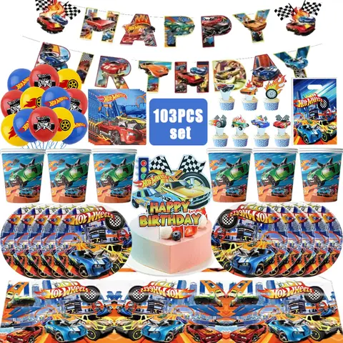 Hot Wheels – décoration de fête d'anniversaire, vaisselle jetable, voiture de course, sac cadeau, nappe, gâteau, ballon, assiette, ensemble de fournitures de fête pour garçon et enfant