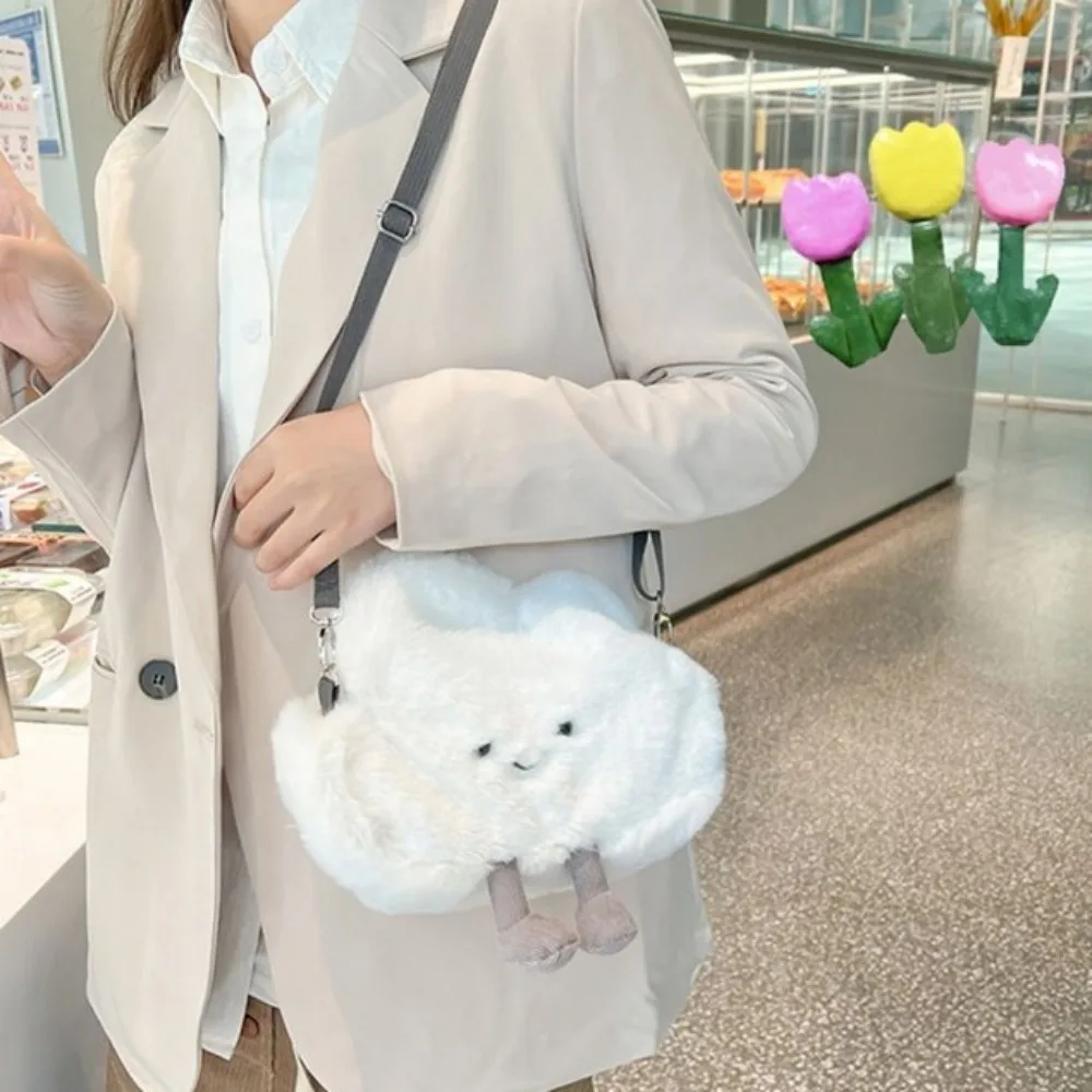 Wear Resistant Women Bag Durable Large Capacity Plush White Cloud Shoulder Bag Soft Cell Phone Pouch