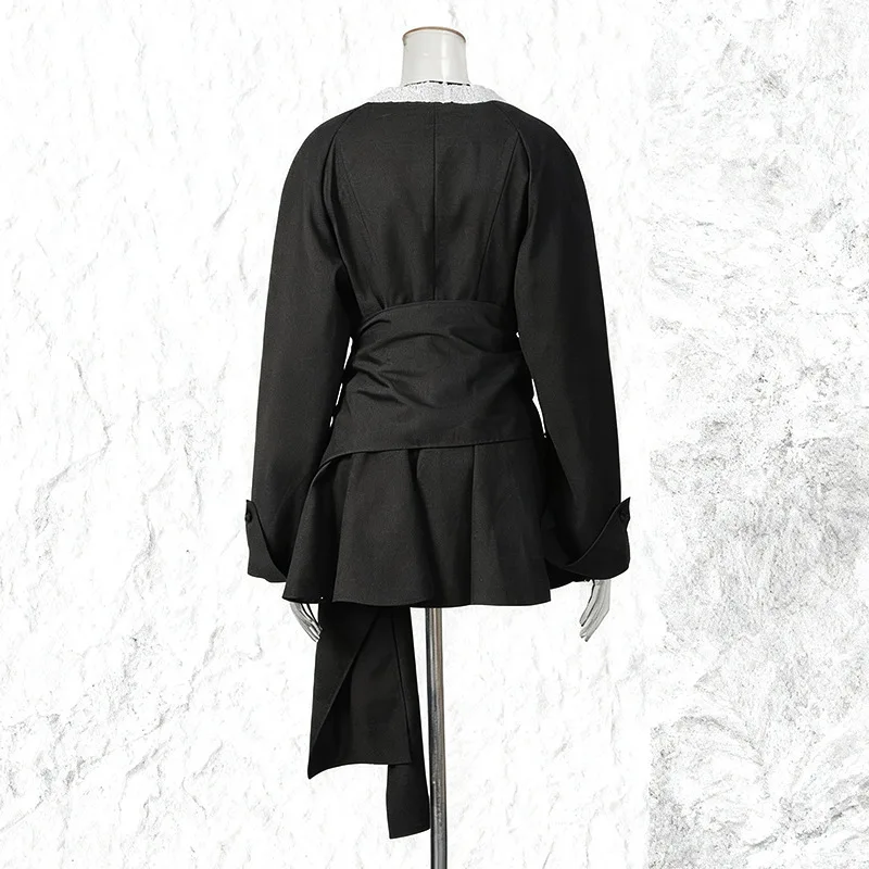 HKSH Blazer Wanita Baru Musim Semi Musim Gugur Kerah Bulat Blok Warna Kancing Sebaris Sabuk Berlipat Mantel Trendi Elegan Kelas Atas HK15903