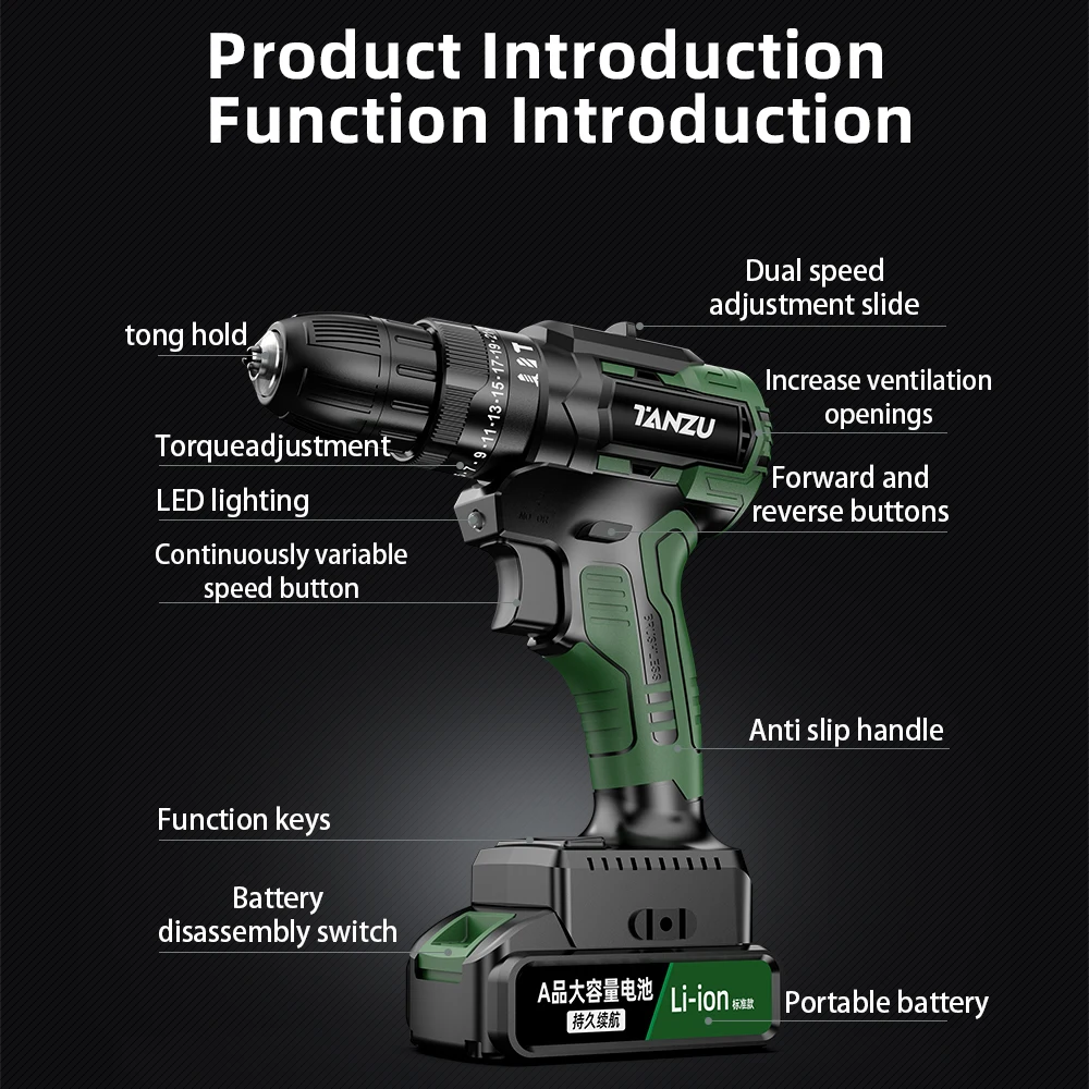 21V Cordless Drill With Impact Electric Driller 30Nm Torque Screwdriver WKS Li-ion Battery Wireless Power Tools 3/8-Inch Tanzu