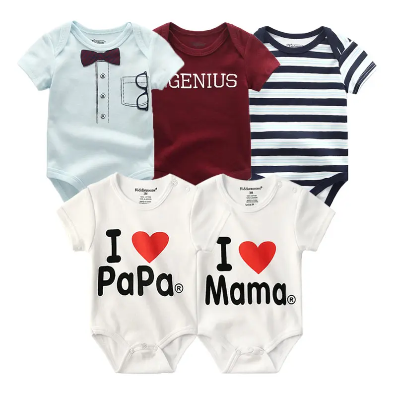 5 Pack Cotton I Love Papa Mama Print Short Sleeve Baby Bodysuits Infant Striped Animal Onesie Newborn Layering Jumpsuit