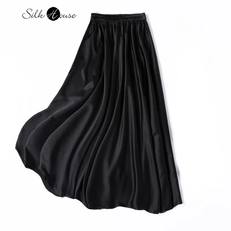 

21MM 92% Natural Mulberry Silk Elastic Satin 3.5m Large Swing Oblique Black Dropping Feeling Women's Casual Fashion Skirt