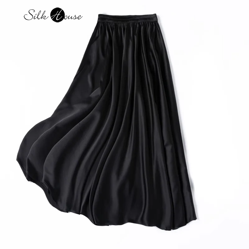 21MM 92% Natural Mulberry Silk Elastic Satin 3.5m Large Swing Oblique Black Dropping Feeling Women's Casual Fashion Skirt