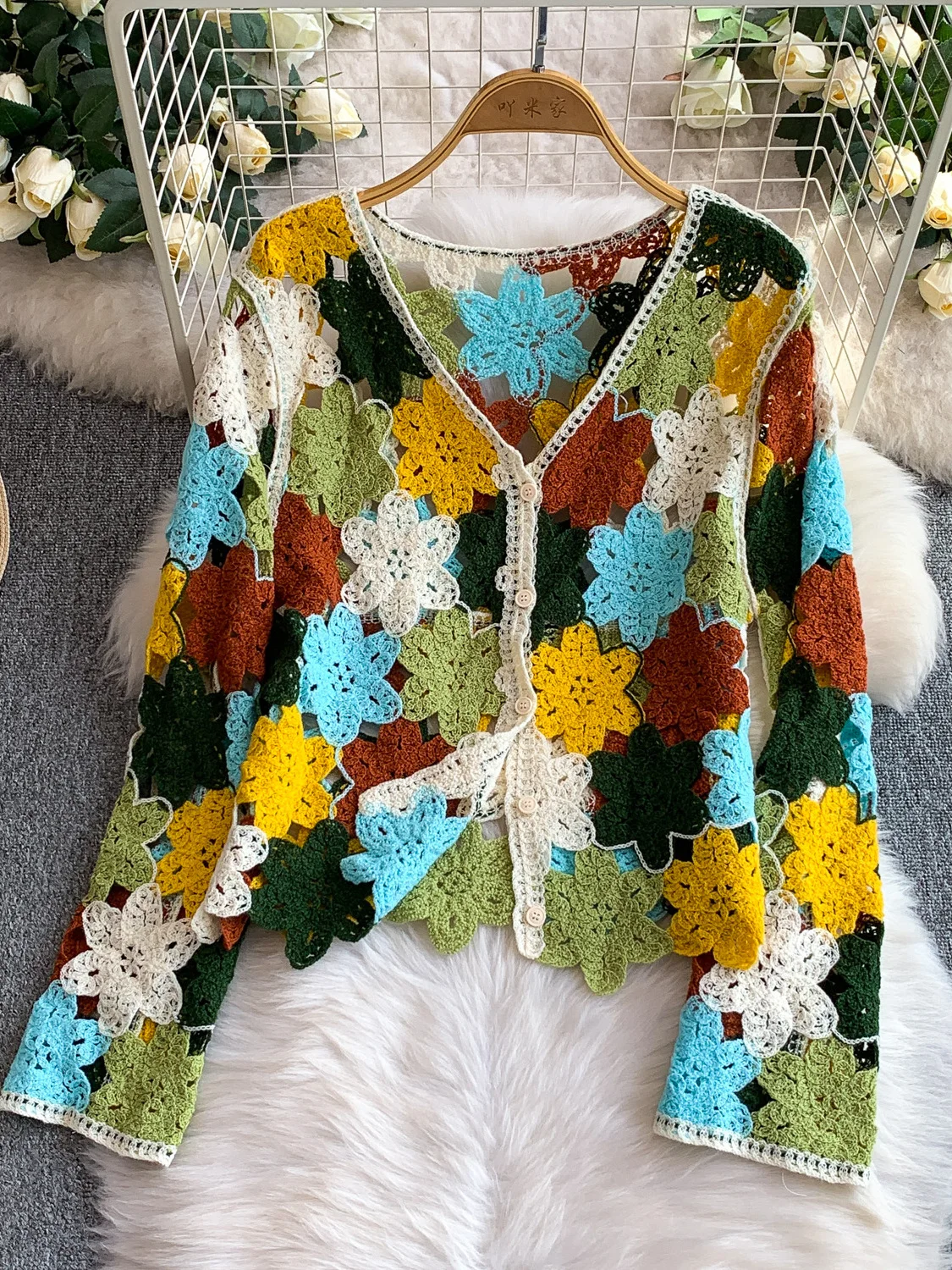 

Korobov Crochet Autumn Bohemian vacation V Neck Long Sleeve Hollow Out Loose Knitted Cardigan