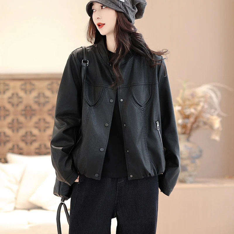 Jaquetas de Moda Primavera 2026 Masss Wasss para Mulheres, Casacos de Couro Sintético Vintage, Estilo Clássico Casual, Soltos e Sólidos