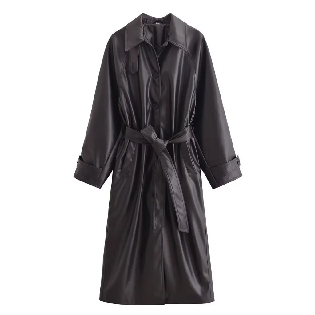 

Winter Fashion Women's Long Faux Leather Coat Jacket Elegant Lapel Lace-up Street Style All-match