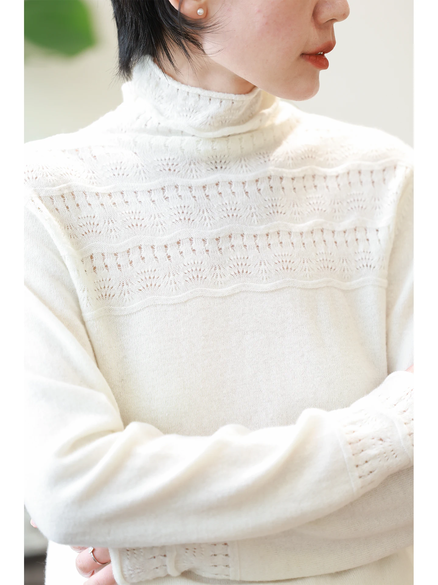 

Мягкий, комфортный, полностью шерстяной свитер с высоким воротником и ажурной вязкой для женщин, базовый слой для ношения под одеждой, в французском стиле