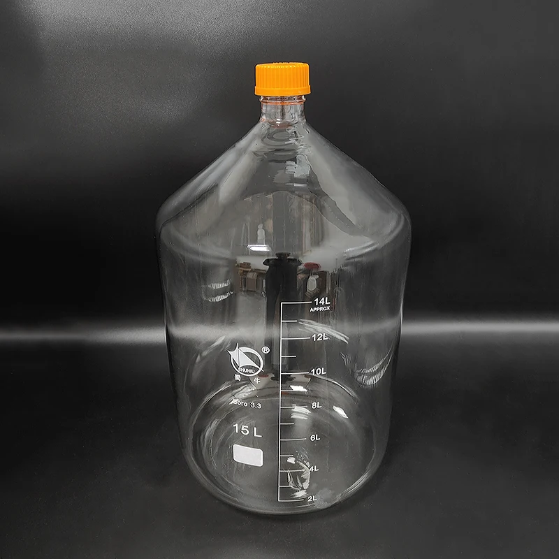 SHUNIU Reagent bottle,With yellow screw cover GL45mm,Borosilicate glass 3.3,Capacity 15000mL,Graduation Sample Vials Plastic Lid