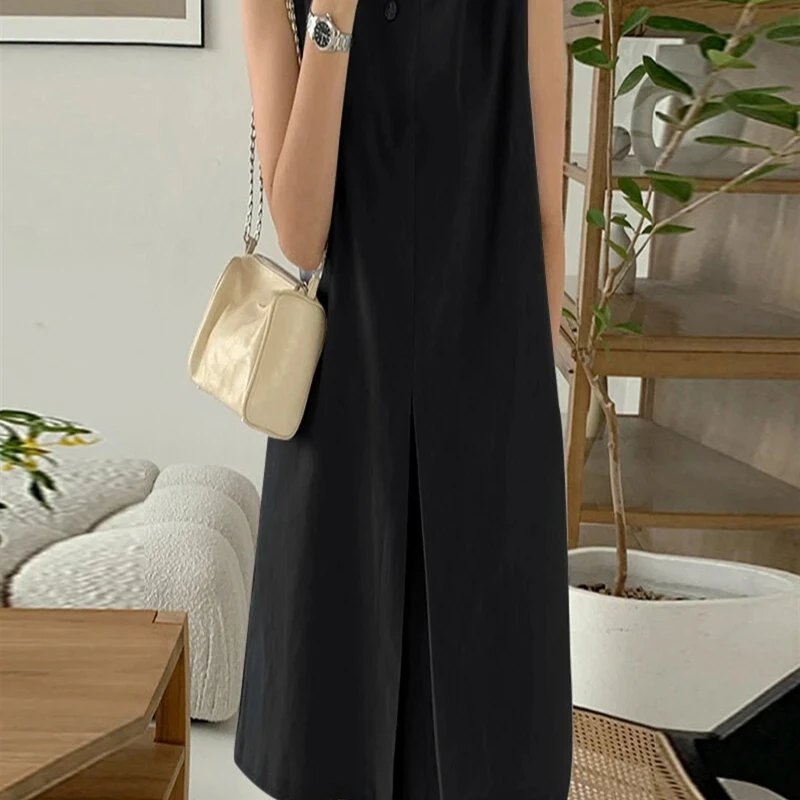 2025 été Style coréen coton lin col rond sans manches femmes débardeur robes mi-longue décontracté solide coupe ample poches Robes robe