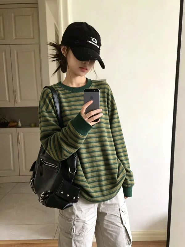 Retro American Green Striped Long Sleeve T-Shirt Women's Loose Slimming Suitable for Single Wear Casual Top Autumn Inner Wear