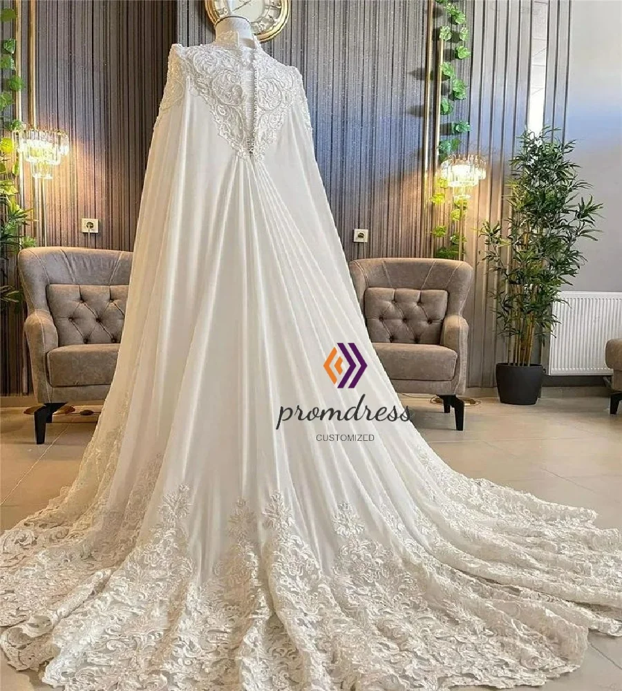 Exquisito vestido de novia turco musulmán con capa, vestido de novia árabe de encaje bohemio de lujo, vestido de novia egipcio marroquí pagano