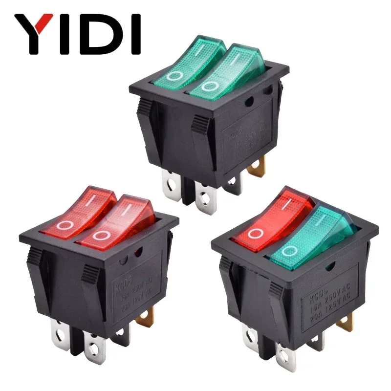 KCD6 Beleuchteter Kunststoff-Wippschalter, Dual-Druckknopf, Boot, 6 Pin, 12 V, 220 V, Rot, Grün, Lampe, Ein-Aus-Schalter, verriegelnd, 16 A, 250 V