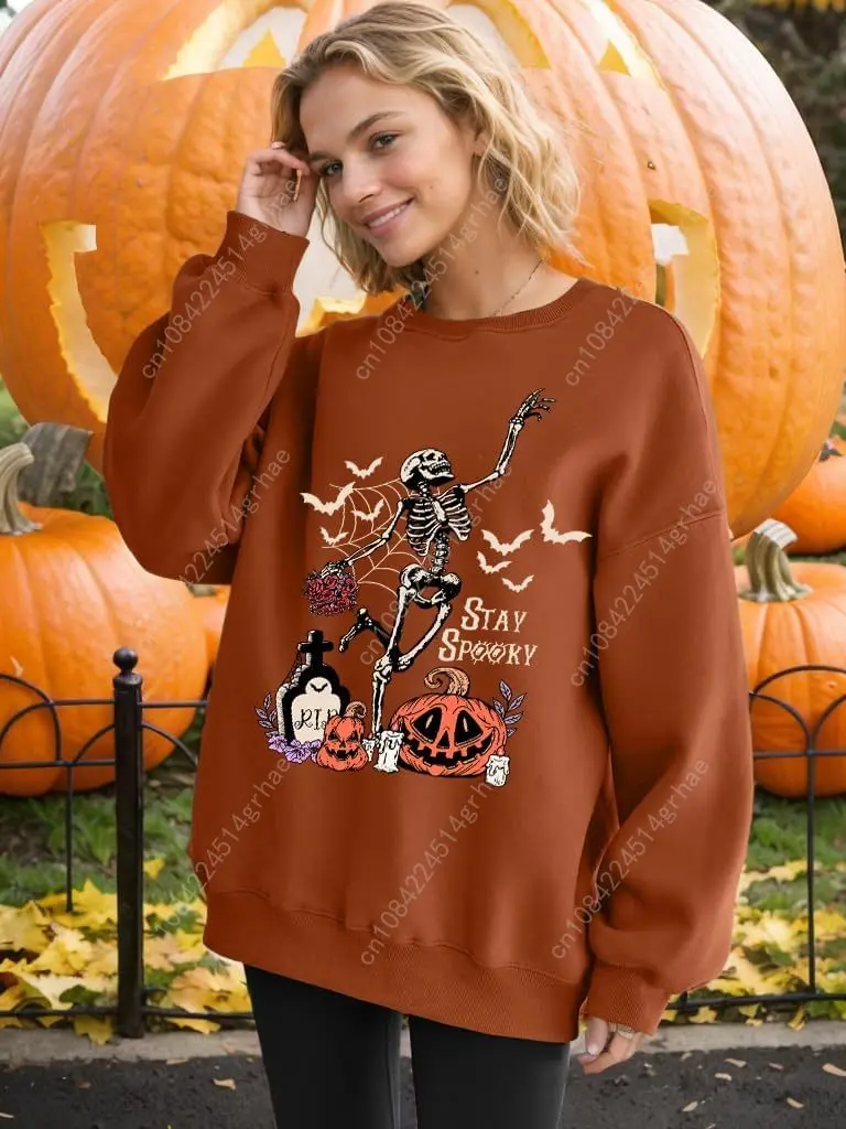 سويت شيرت الهالوين للنساء، قميص هيكل عظمي للرقص كبير الحجم، بلوفر برسومات جمجمة مخيفة، هدية على شكل يقطين #6