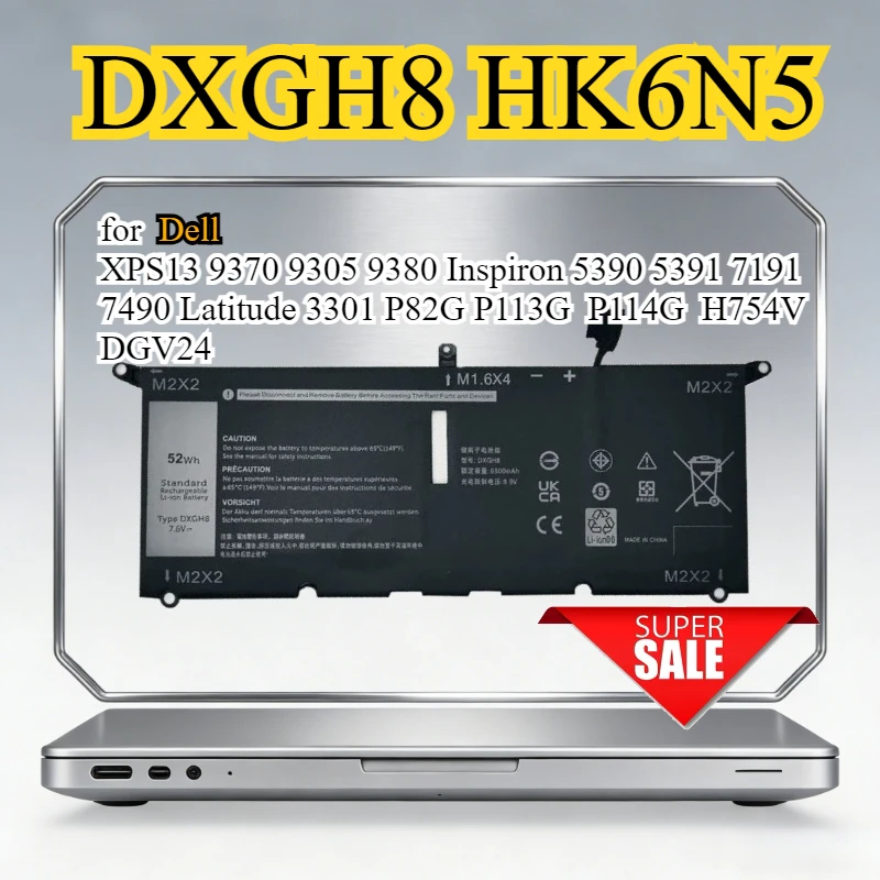 

DXGH8 HK6N5 Laptop Battery for Dell XPS13 9370 9305 9380 Inspiron 5390 5391 7191 7490 Latitude 3301 P82G P113G P114G H754V DGV24