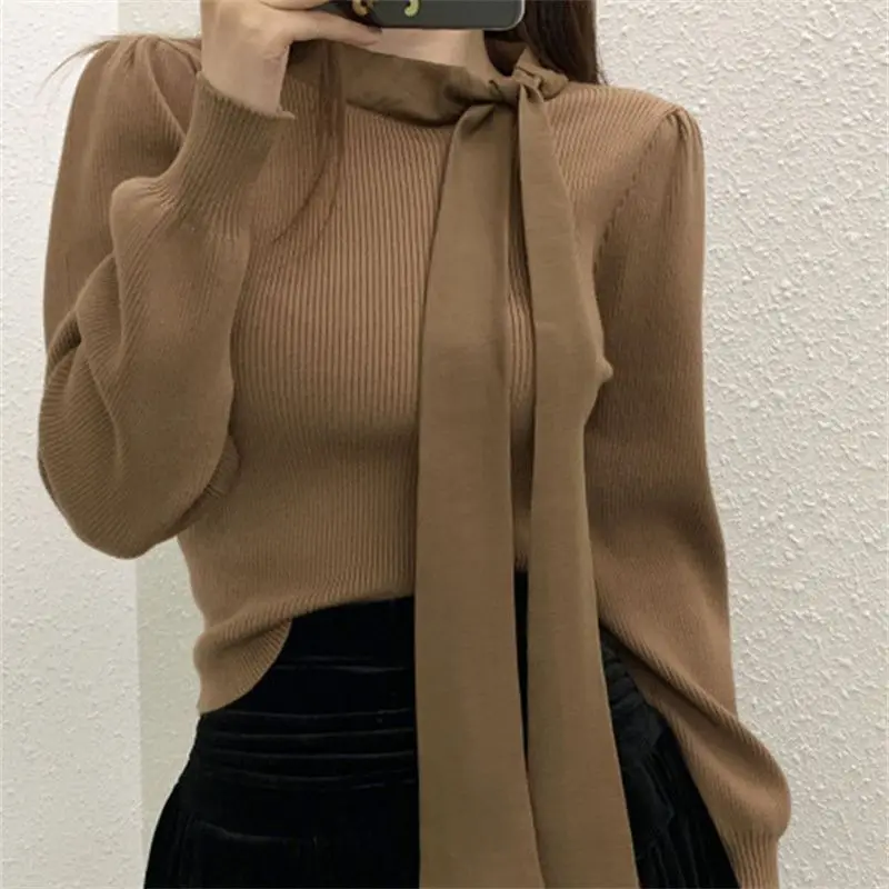 Jersey nero maglione con fiocco corto moda coreana Sueters De Mujer maglione Vintage Pullover camicie lavorate a maglia Slim Fit Y2k Top autunno