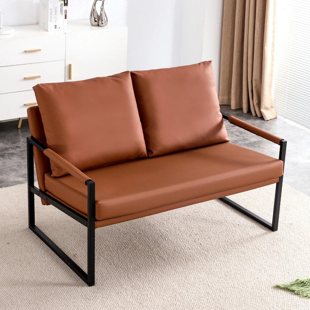 Modern Two-Seater Sofa Chair with 2 Pillows - PU Leather, High-Density Foam, Black Coated Metal Frame Living Room Furniture