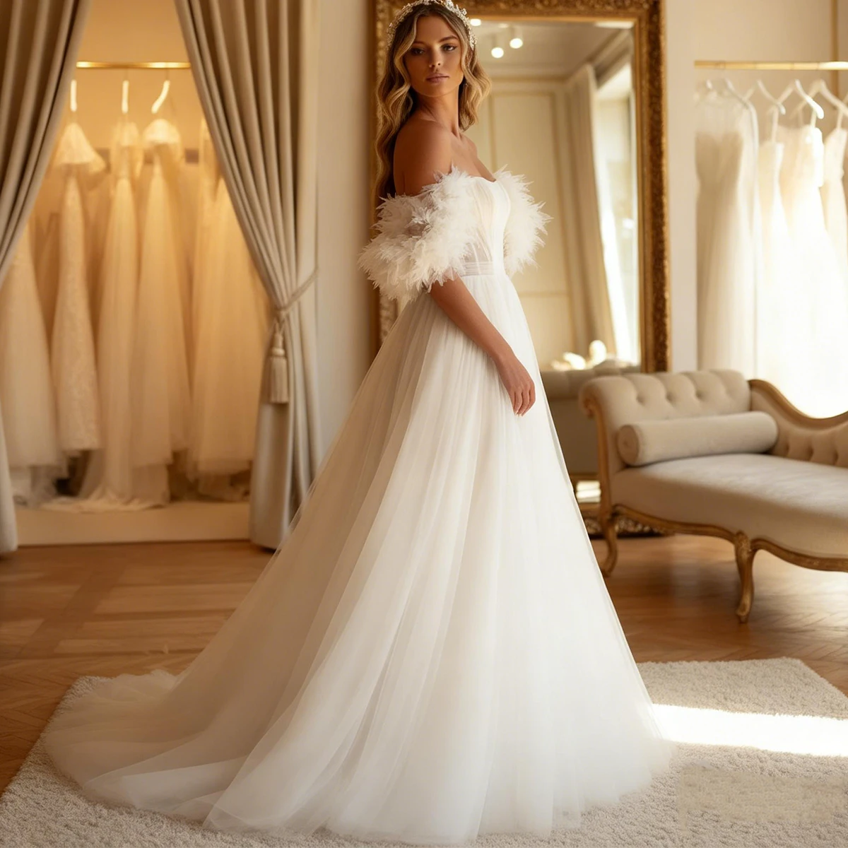 فستان زفاف أنيق منتفخ من التول مع ذيل طويل بدون أكتاف لحفلات الزفاف العروس من فيستدوس نوفيا
