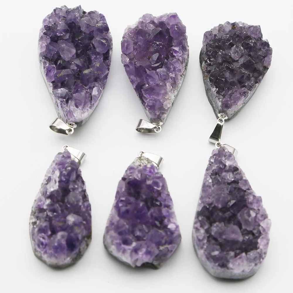 New Natural Stone Raw Ore Water Drop Amethyst Pendants Quartz Quality Purple Crystal Necklace Charms Jewelry Gift Wholesale 6Pcs