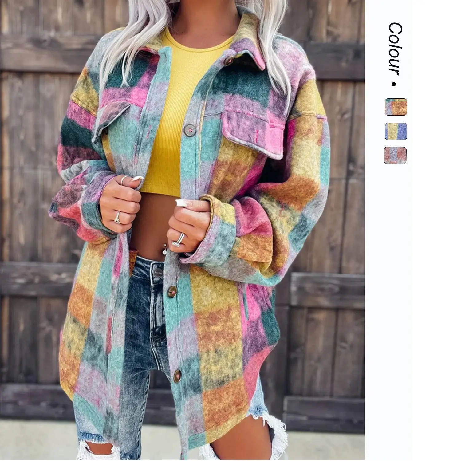 

Европейский и американский модный стиль, осенне-зимняя шерстяная повседневная модная верхняя одежда с отложным воротником и длинными рукавами с принтом