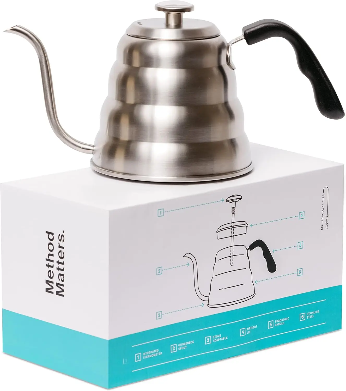 

Gooseneck Kettle with Thermometer for Pour Over Coffee and Tea, Stainless Steel, 1.2L Capacity