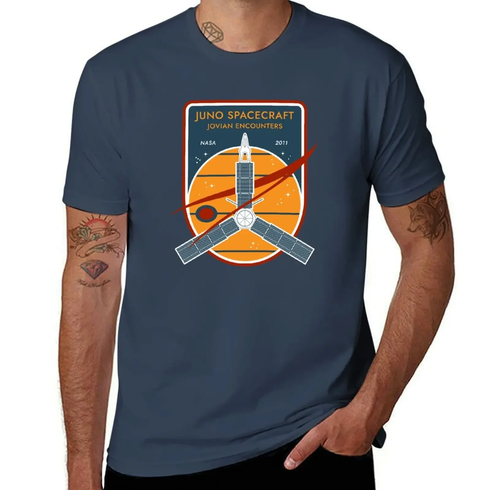 Juno Spacecraft. Jovian Encounters. Commemorative Badge T-Shirt blue lock graphic shirts t shirt for men