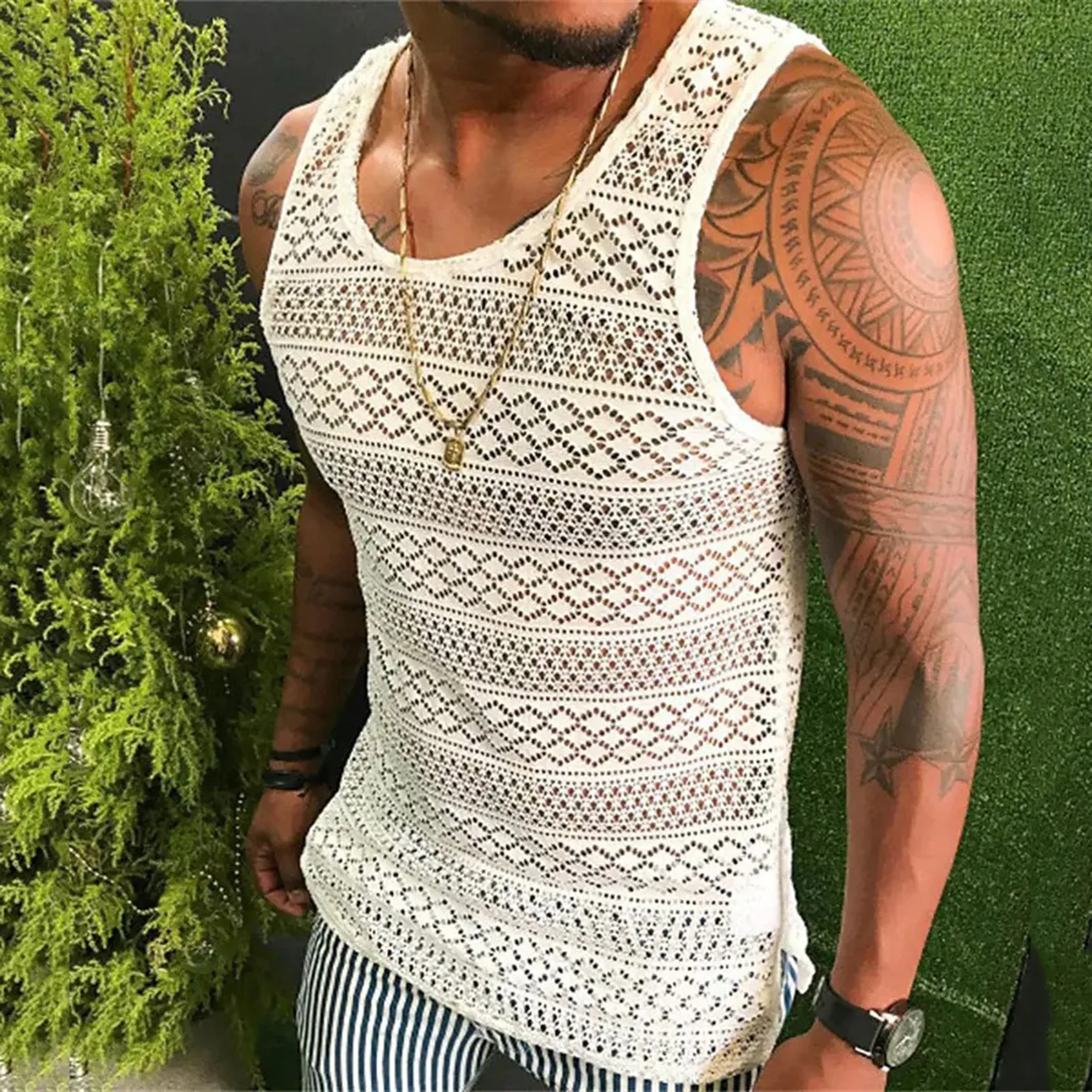 Men\'s Tank Top Hollow Breathable Vest Summer See Through Vest Crewneck Sleeveless Tank Tops Muscle Sexy Mesh Shirts Fitness Vest