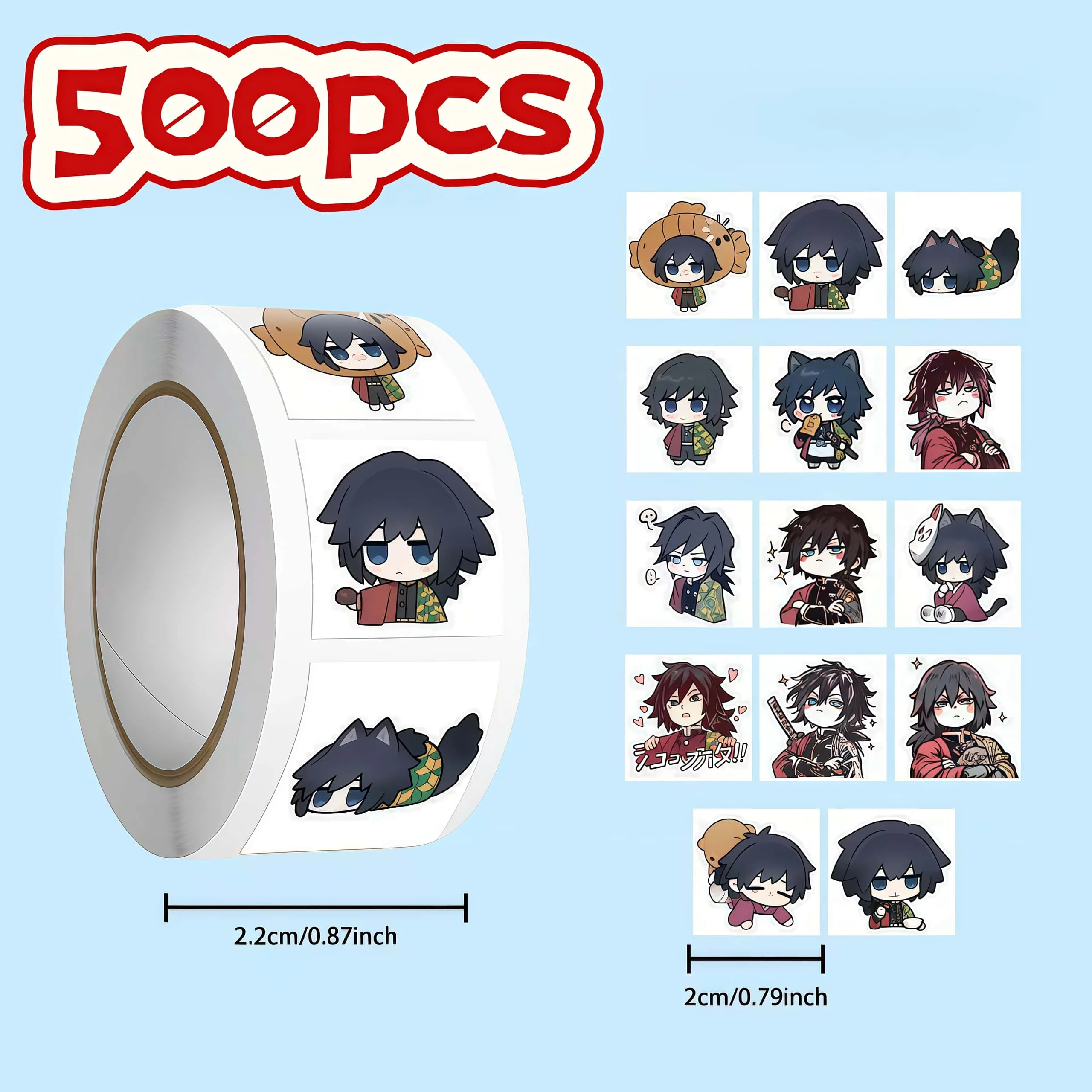 500Pcs Tomioka Giyu Sticker Roll (Demon Slayer), Cute Chibi Expressions & Multiple Styles Seal Decals for Decor, DIY & Gifts