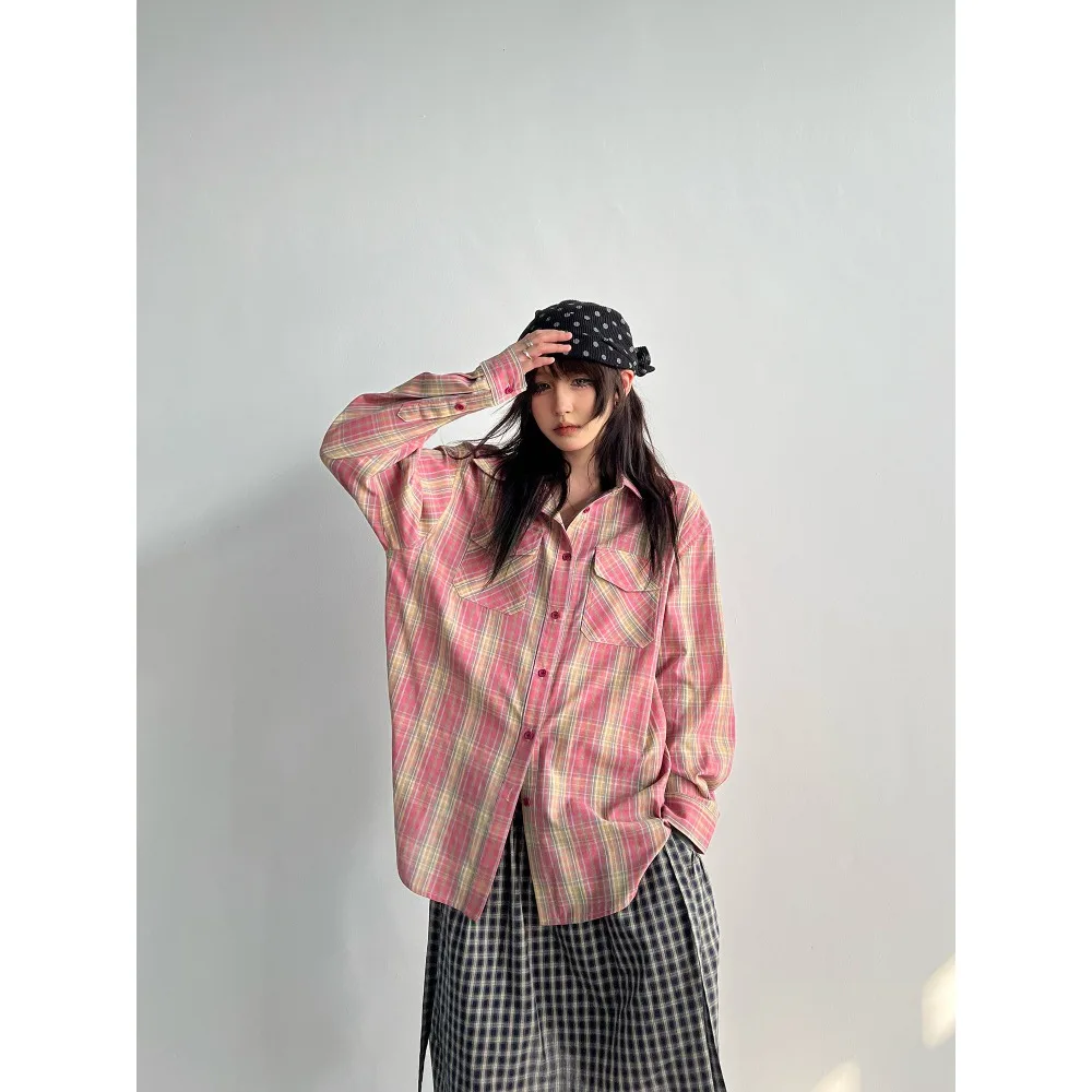 

SuperAen Korean Style Fashion Pink Plaid Shirt 2026 Spring and Summer New Vintage Loose Single Breasted Shirts