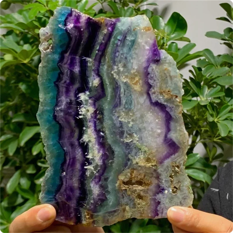 Natural Colorful Rainbow Fluorite Raw Stone Slice Striped Polished Gemstone Aura Crystal Specimen Office Home Decoration