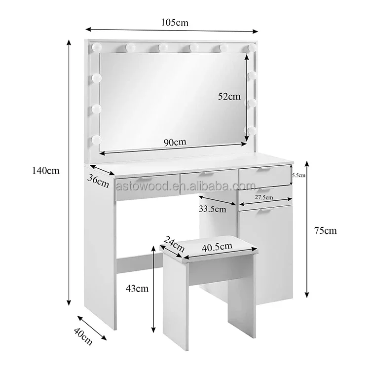 

Modern Multi-functional Panel Wood Smart Dressing Table With LED Light Mirror MDF Bedroom Makeup Vanity Table