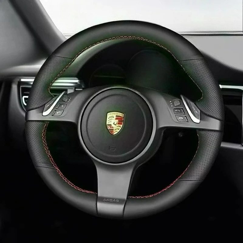 

for Porsche 991 Boxster Cayman 981 Cayenne Panamera 2009-2016 Hand Stitched renovation black leather car Steering wheel cover