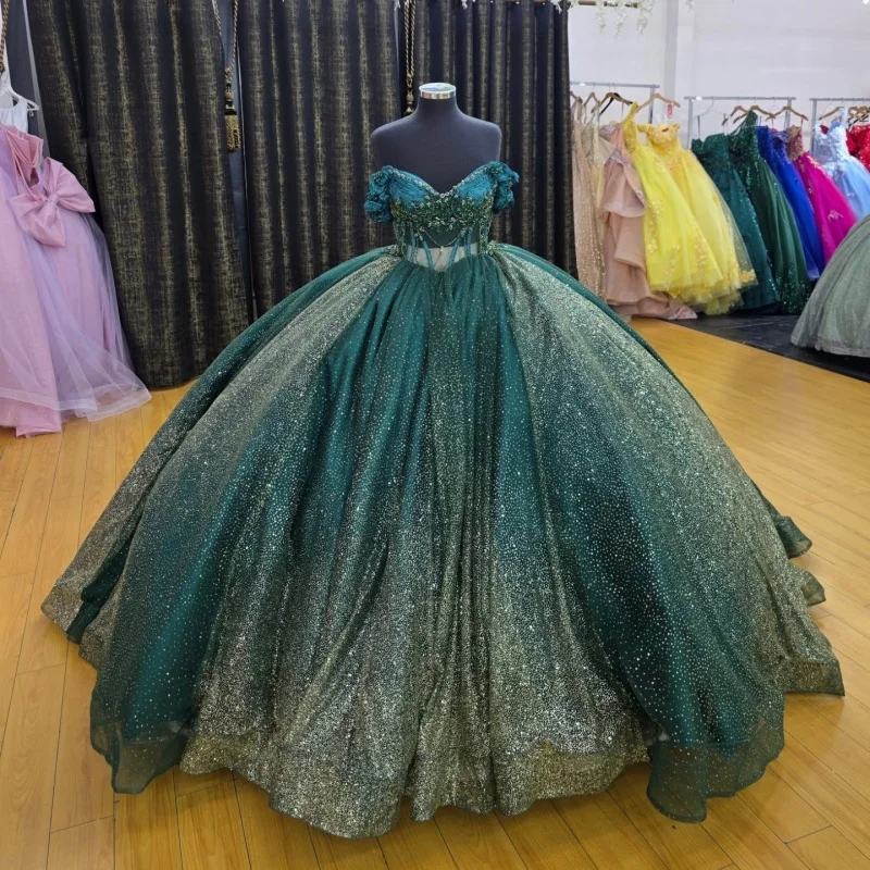 

Shiny Dark Green Quinceanera Dress Glitter Flower Decal off-shoulder Lace Long tail Vestidos De 15 Quinceanera ﻿Customize