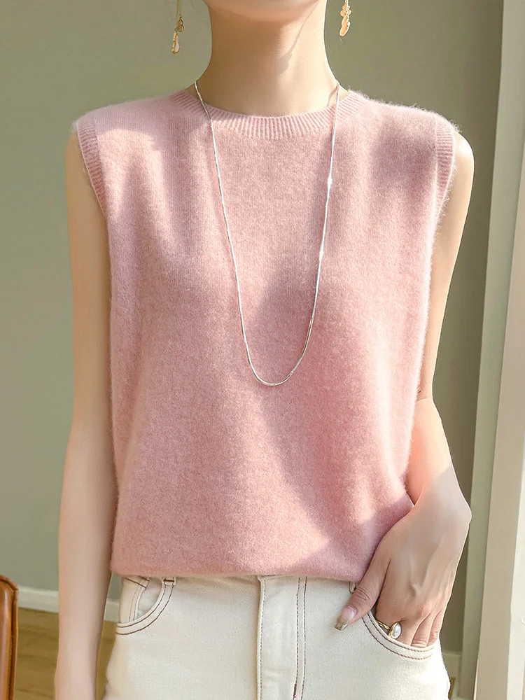 New Women O-neck Sleeveless Sweater Simple Style Solid Soft Vest 100% Merino Wool Knitwear Pullover Spring Summer Korean Tops