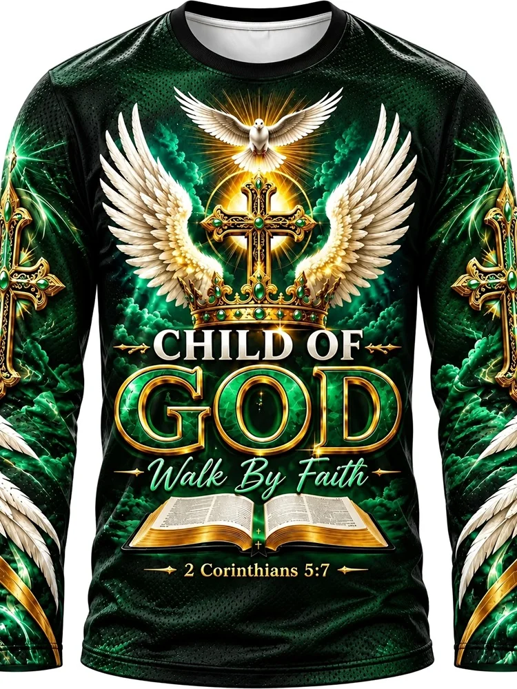 Men's Child of God Walk By Faith Long Sleeve T-Shirt Dove Cross Wings Crown Bible Green Graphic Pullover Tops Gift New