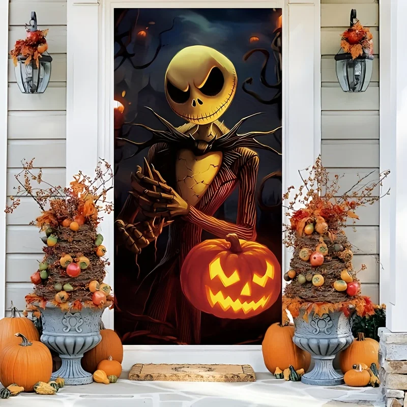 Halloween Jack Skellington calabaza puerta decoraciones Banner fotografía telón de fondo interior exterior porche fondo fiesta suministros