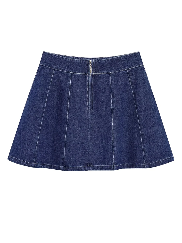 

European style new women's fashion all-match temperament A-line mid-waist seam decoration denim mini skirt