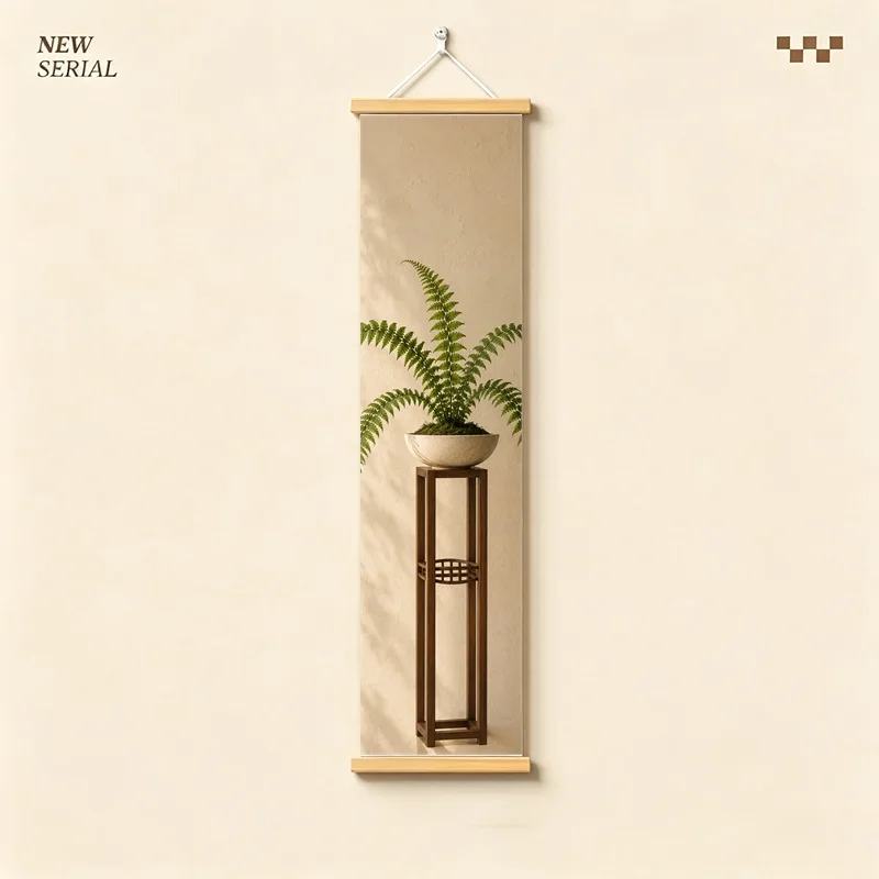 Wall Decor Boston Fern and Spike Moss, Serene Wabi-Sabi Botanical Silver Shimmer Canvas Hanging Scroll for Boutique Hotel