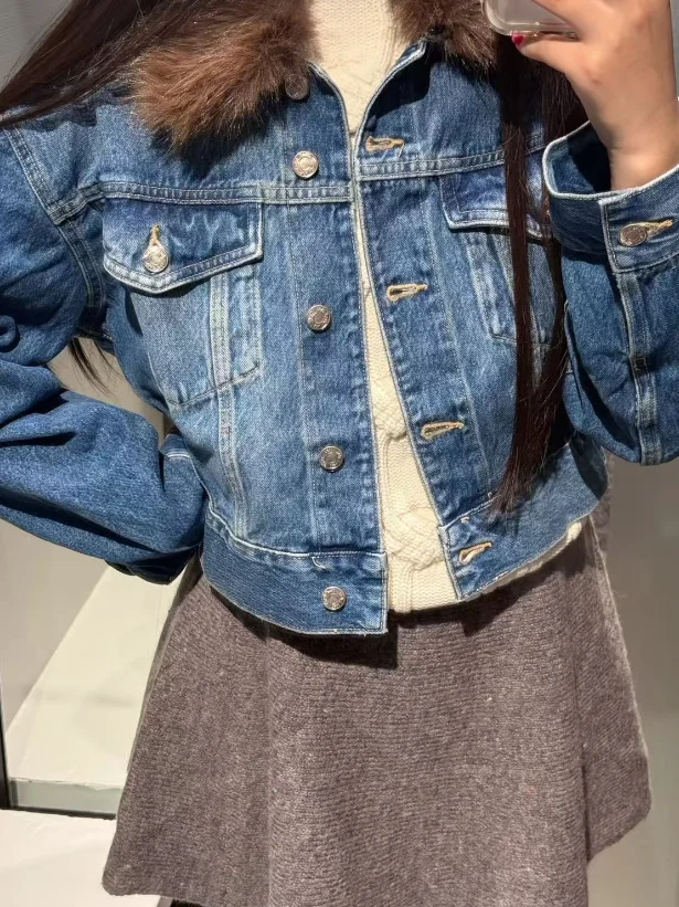 

Blue Faux Fur Collar ort Denim Jaet Women's Casual Loose Fit Cotton 00% Button Closure Pure Color Everyday Wear