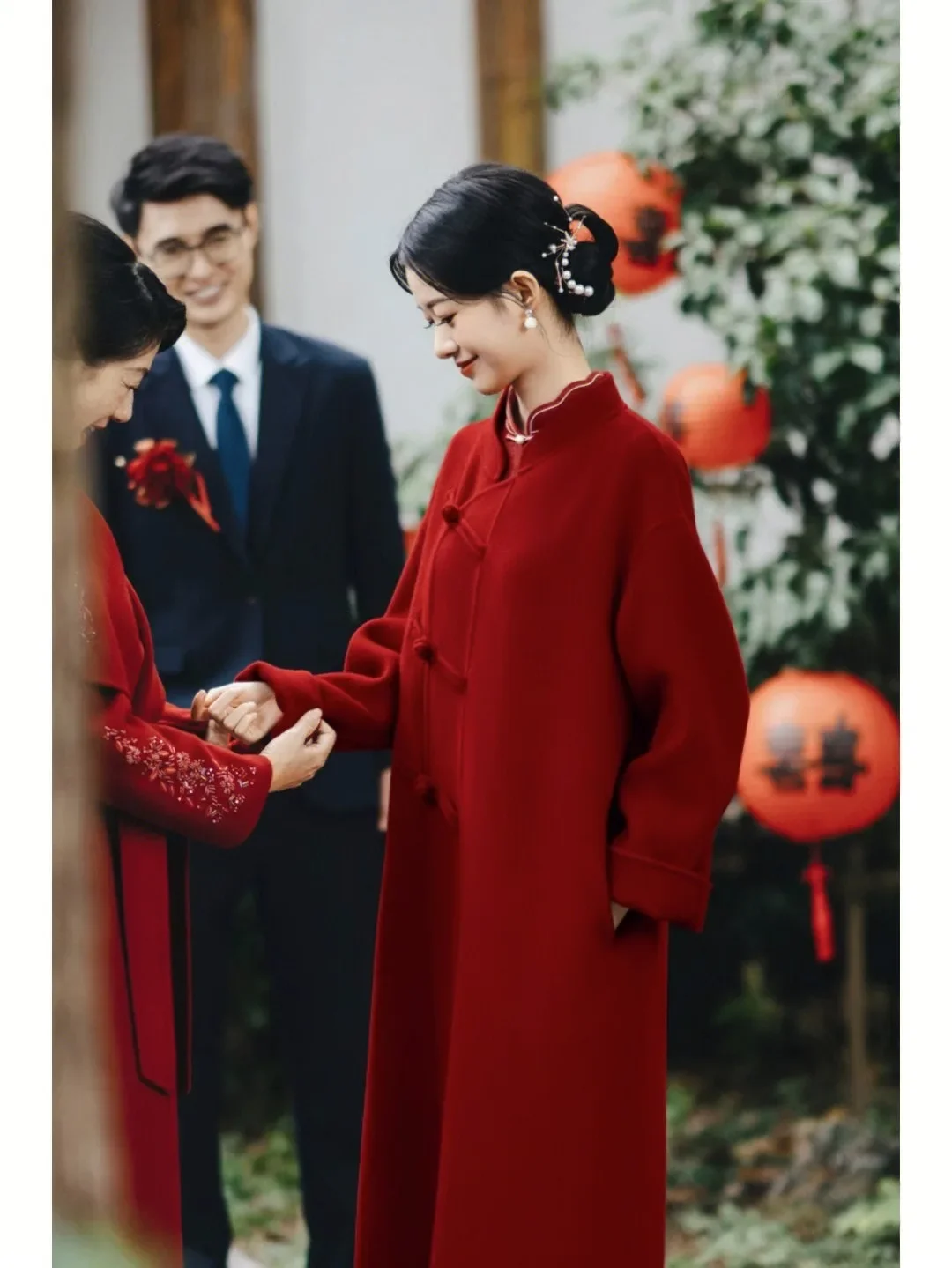 

Red national style double-sided cashmere coat for women's autumn and winter new wedding festive medium and long woolen