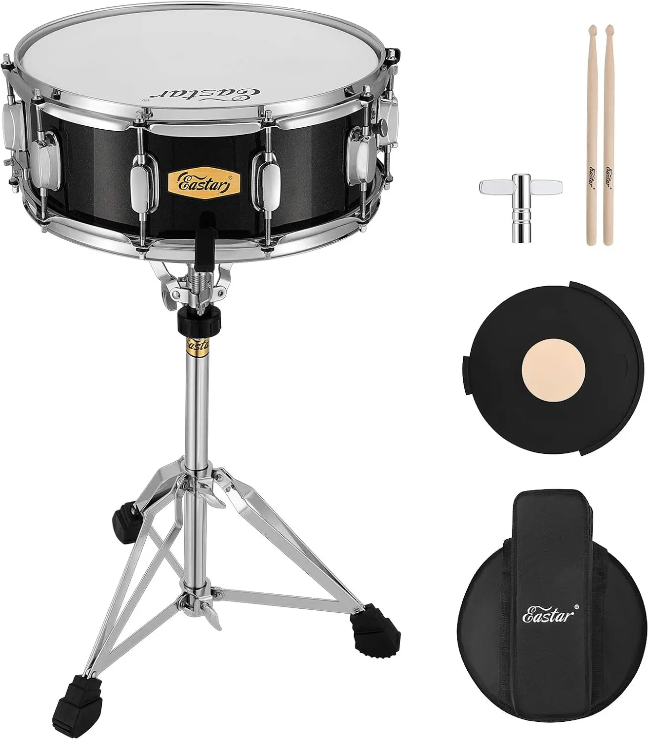 14 x 5.5 Inch Snare Drum Kit in Starry Black, Includes Drumsticks, Stand, Mute Pad, Carrying Bag, and Tuning Key