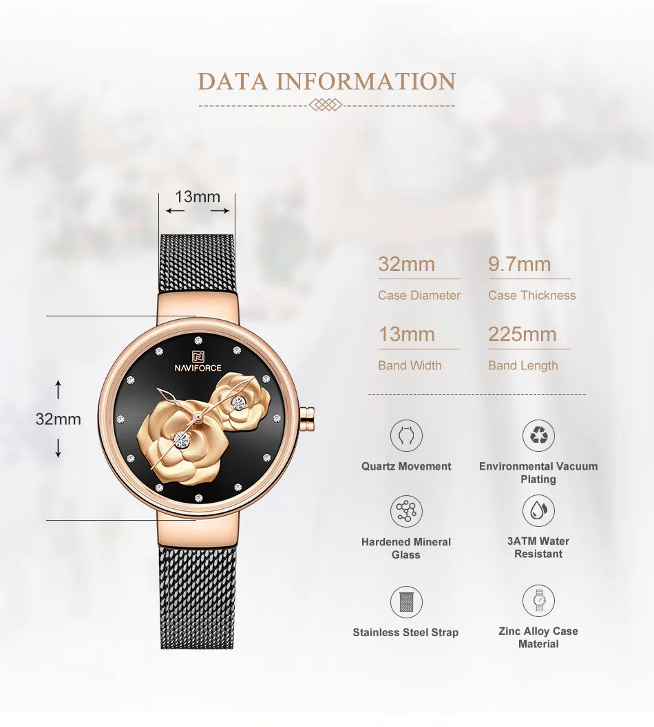 NAVIFORCE Ladies Watch Quartz 30M Waterproof Clock Luxury Trendy Creative 3D Rose Women Business Daily Wristwatch Reloj Mujer