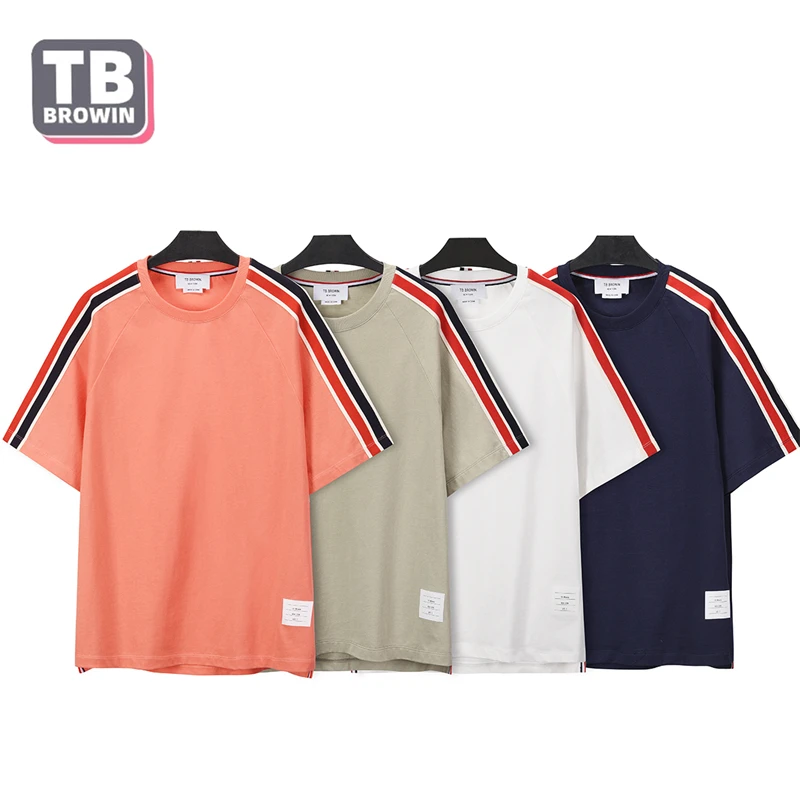 Brand TB YJ01 men's round-necked T-shirt bat short sleeves luxury combed cotton four bar stripes loose Korean version forked