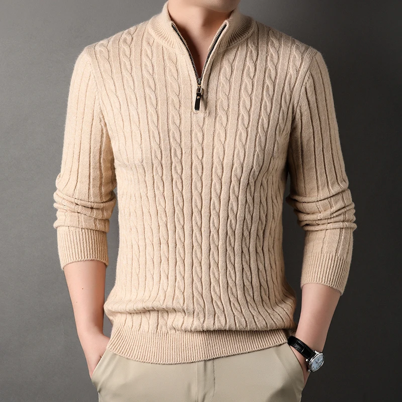 2023 Winter Men\'s Quarter Zip Sweater Slim Fit Casual Knitted Turtleneck Pullover Mock Neck Polo Sweater