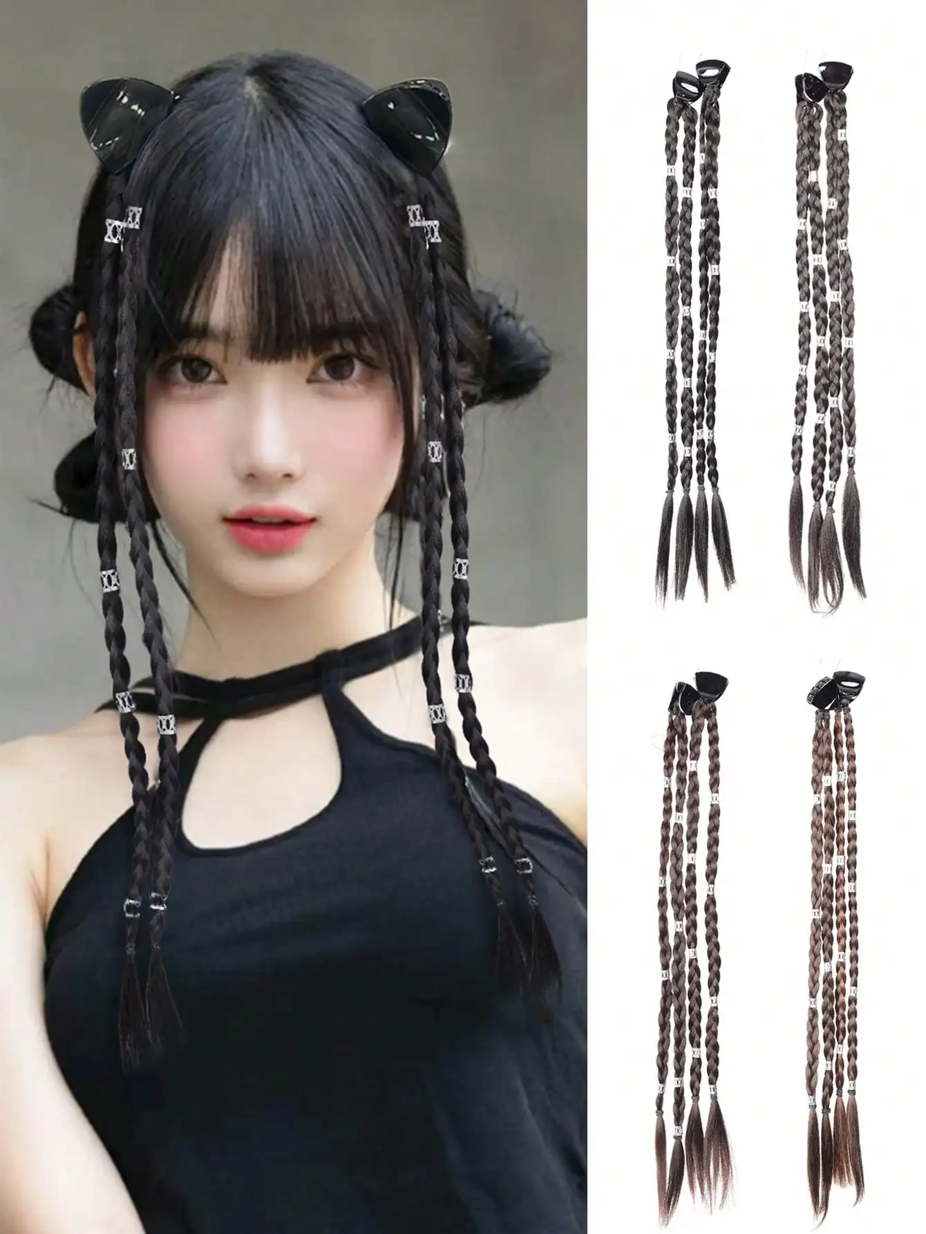 20 Inch Medium Long Claw In Clip Braided Ponytail With Cute Cat Ear Clip And Hair Decorations For Girls,Ponytail Beginner Freien