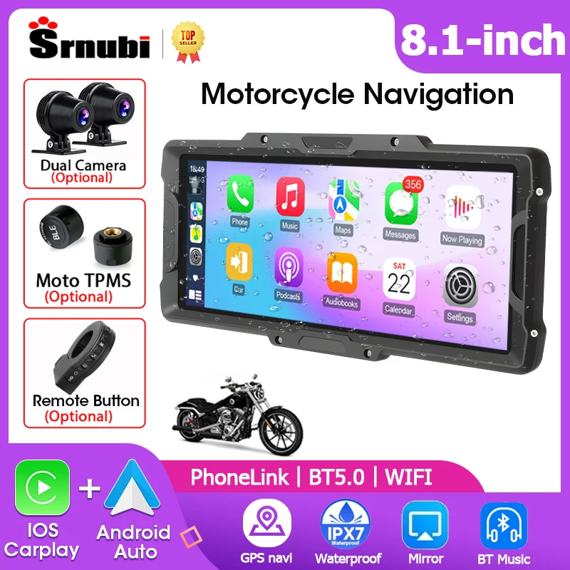 

Srnubi 8.1" Motorcycle DVR or Player 2K Front and Rear Camera Navigation GPS Carplay Android Auto Moto Monitor with TPMS Sensor